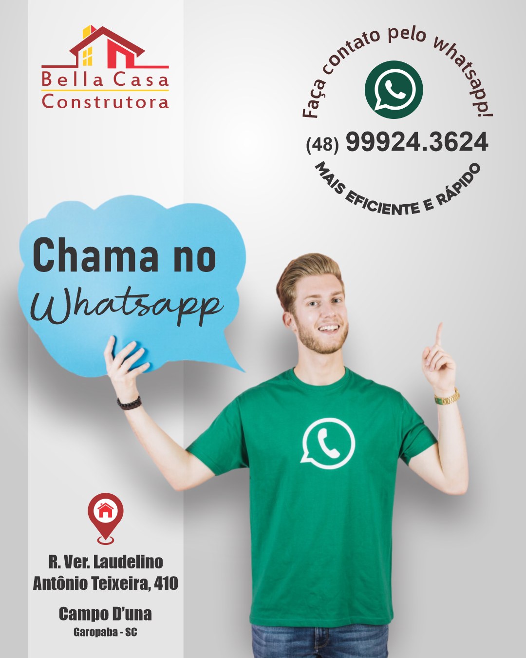 Segunda-feira é o dia perfeito para começar a semana planejando a sua nova casa. 

Não perca tempo! Dê hoje o primeiro passo para tirar seu projeto do papel.

Na Bella Casa Construtora, você fala direto com quem entende do assunto e já recebe orientações claras para começar sua obra.
Temos equipe preparada para início imediato.

Chame no WhatsApp e fale com a nossa equipe agora mesmo.

📲 (48) 99924-3624

Atendemos Garopaba, Imbituba e região (até 40 km).

Comece a semana tomando a decisão que pode mudar o seu futuro.