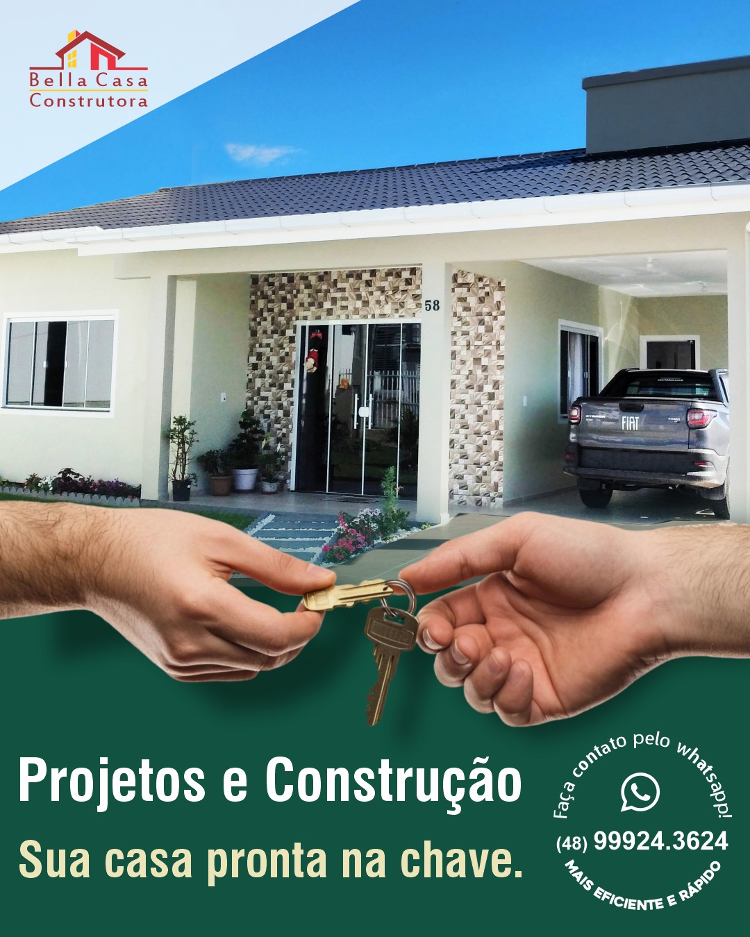 Se você tem um terreno, agora é a hora de construir.

A Bella Casa Construtora cuida de tudo para você: projeto, obra, mão de obra e materiais.  Você só acompanha o resultado.

Atendemos Garopaba, Imbituba e região (raio de até 40km).
Entre em contato pelo WhatsApp e comece hoje mesmo.