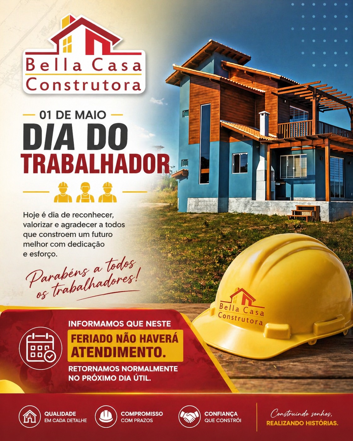 Cada esforço, cada detalhe e cada trabalho fazem a diferença na construção de um futuro melhor.

Por trás de cada conquista, existe trabalho, dedicação e coragem.

Hoje é dia de valorizar quem nunca para.
Parabéns a todos os trabalhadores!

Bella Casa Construtora — valorizando quem faz acontecer.

-----

Neste Feriado de 01 de Maio não haverá expediente.