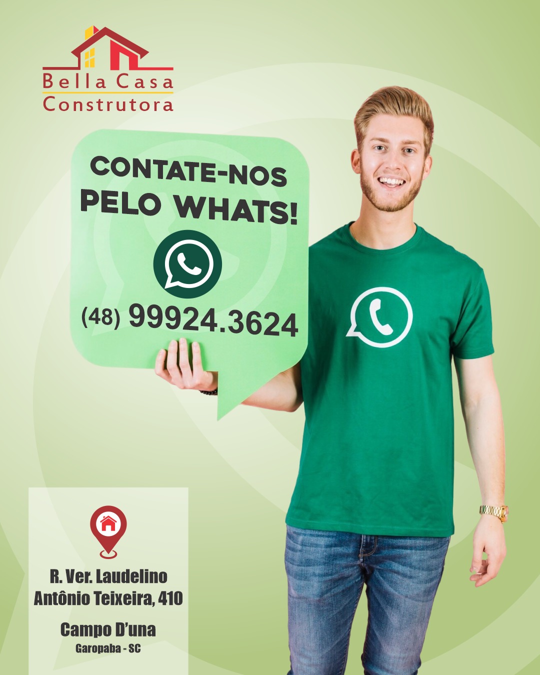 Tire suas dúvidas no WhatsApp e comece sua obra.

Uma conversa pode ser o início da sua obra. Fale conosco pelo WhatsApp, conheça as opções de construção e receba um atendimento personalizado para encontrar a melhor solução para o seu projeto.

Atendemos Garopaba, Imbituba e região (até 40 km).
Entre em contato agora mesmo: (48) 99924-3624