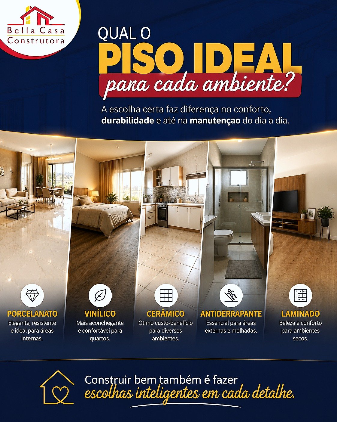 O PISO IDEAL PARA CADA AMBIENTE FAZ TODA A DIFERENÇA!

Cada espaço da sua casa merece um piso que combine beleza, conforto e funcionalidade.

Na Bella Casa Construtora, cada detalhe importa. Conheça algumas opções:

Porcelanato: elegância e sofisticação para salas, cozinhas e banheiros.

Vinílico: conforto térmico e acústico, ideal para quartos e salas.

Cerâmico: praticidade e versatilidade para cozinhas, lavanderias e áreas internas.

Antiderrapante: mais segurança para banheiros, áreas externas e espaços próximos à piscina.

Laminado: aconchego e beleza para quartos e salas, com diferentes acabamentos.

O segredo está em escolher o revestimento que melhor atende às necessidades da sua família e ao estilo do seu projeto.

Bella Casa Construtora — construindo com qualidade, pensando em cada detalhe do seu lar!